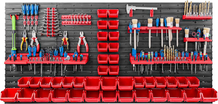 Lagersystem Werkstattregal | 156 x 78 cm | 40 stck. Box | Wandregal mit Werkzeughalterungen und Stap