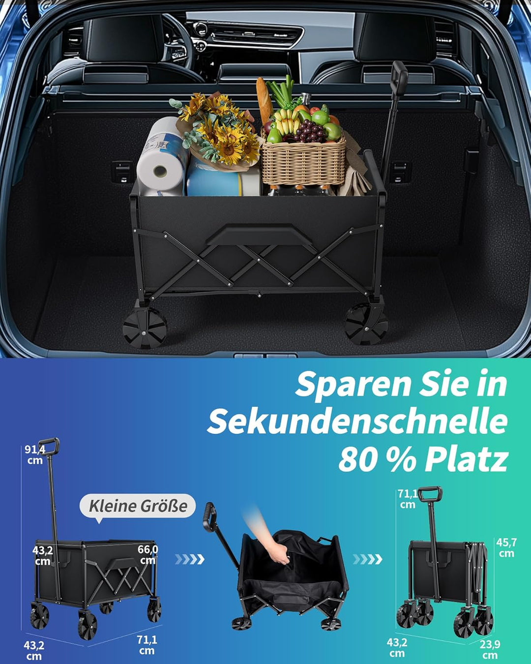Klein Kitsure Bollerwagen Faltbar – 100L Handwagen mit Hartplastikrädern, Belastbar bis 360 LBS, Tra