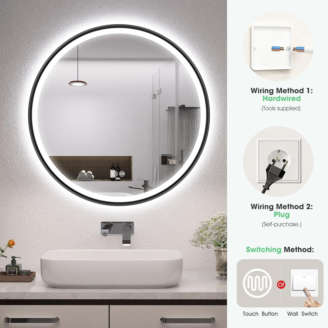 S'bagno Badspiegel mit Beleuchtung 70cm, Spiegel Rund mit Beleuchtung mit Aluminiumrahmen, Entfoggen