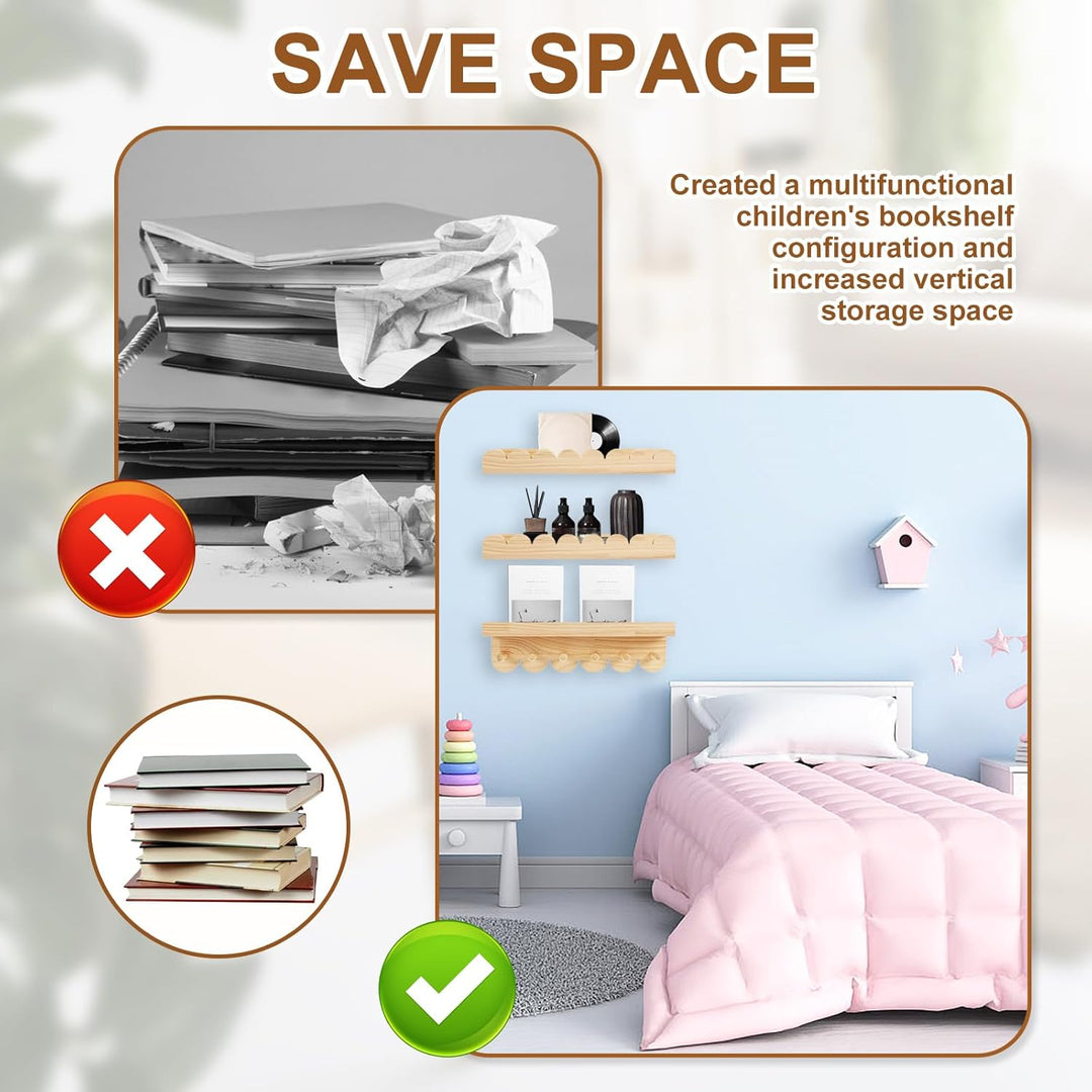 Alongen 3 Stück Schwebendes Regal 40cm Kinderzimmer Bücherregal Scalloped Regale Holz Bücherregal Ki