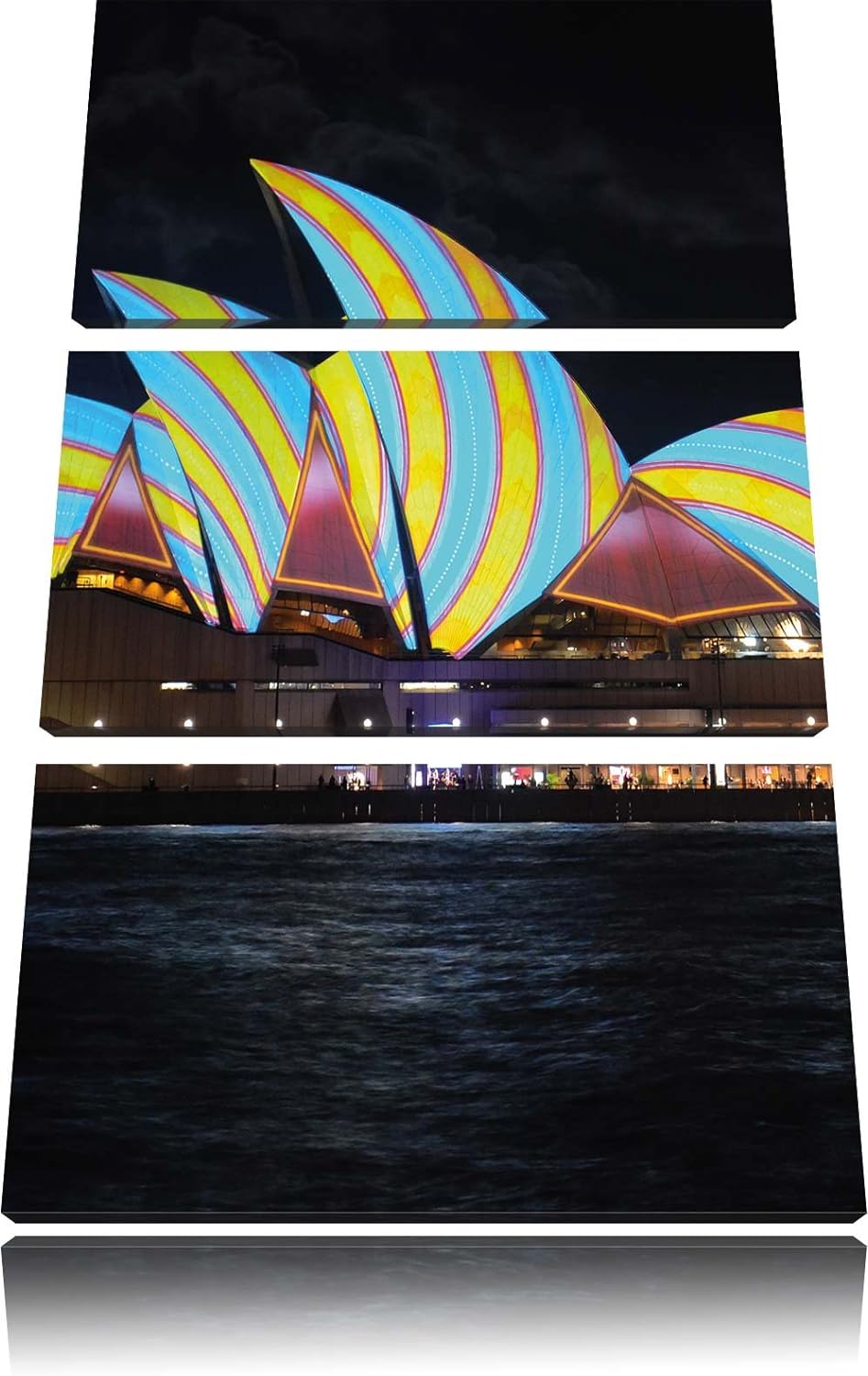 Pixxprint Sydney Opera House blau gelbe Streifen 3-Teiler Leinwandbild 120x80 Bild auf Leinwand