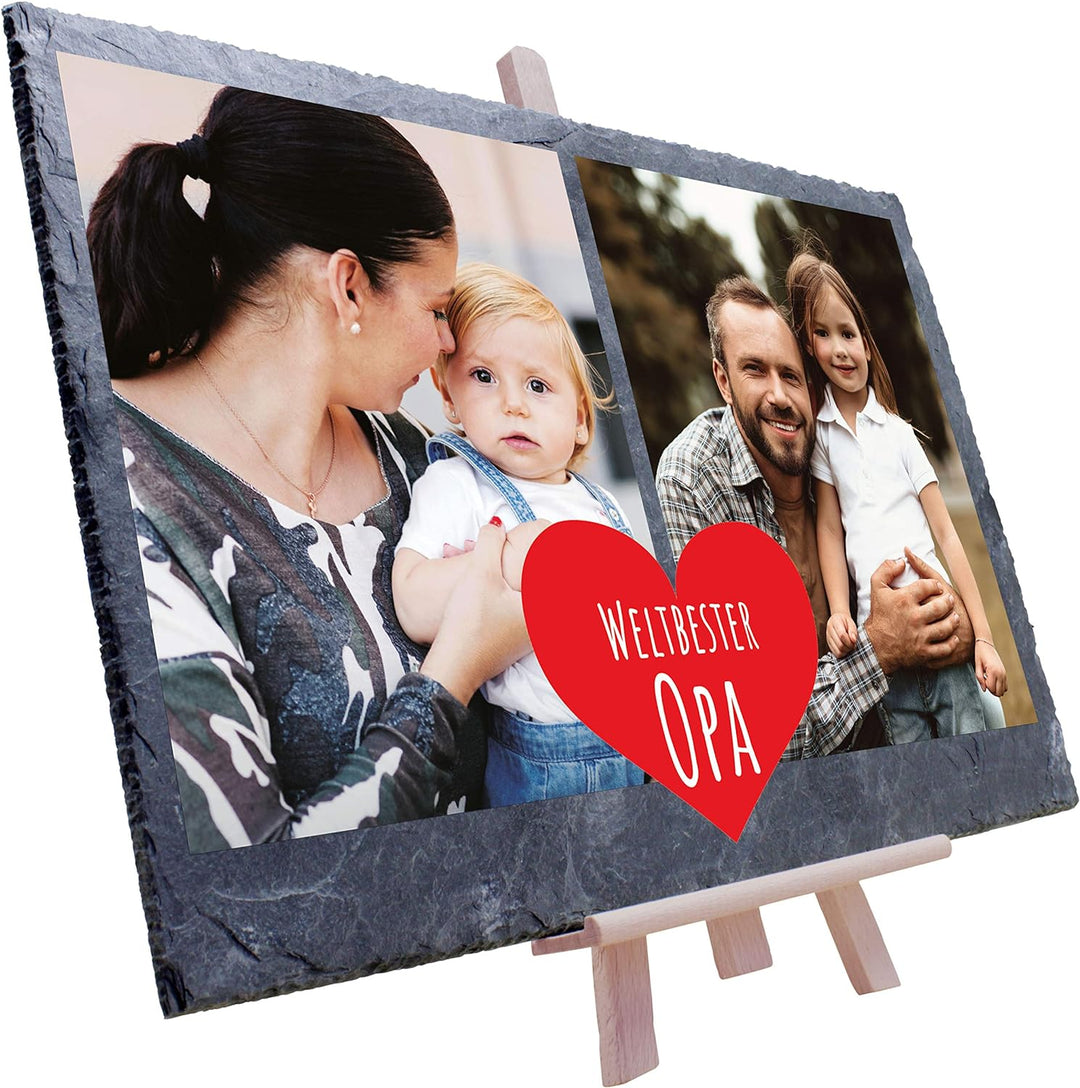 wandmotiv24 Schiefertafel Bester Opa mit Holz-Staffelei, Personalisiert mit 2 Farb-Fotos, Digitaldru