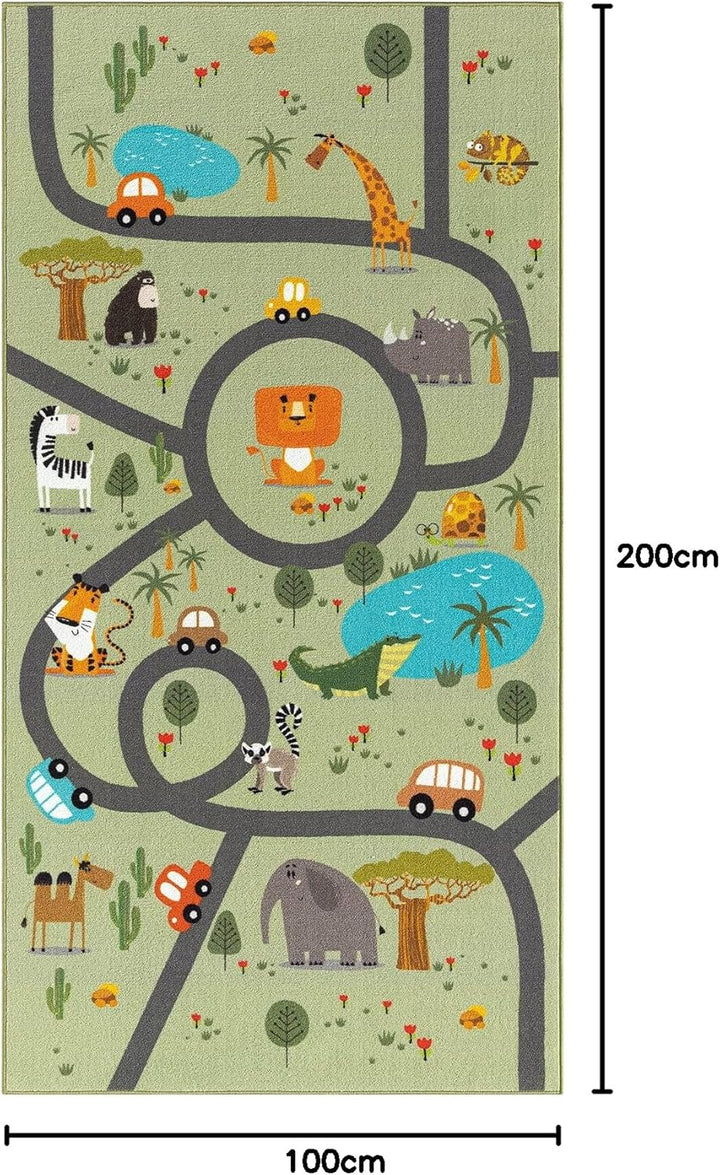 the carpet Happy Life – Kinderteppich Spielteppich mit Strassen‑Motiv, Dschungel, Tiere & Autos, rut