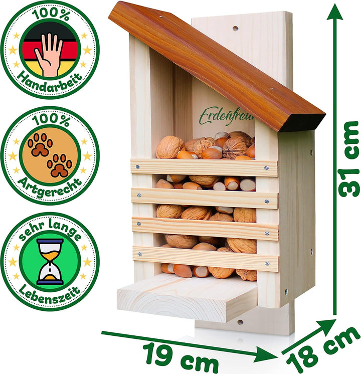 ERDENFREUND® Eichhörnchen Futterhaus ohne scharfes Glas & Genickbruch-Klappe 100% sicher wetterfest