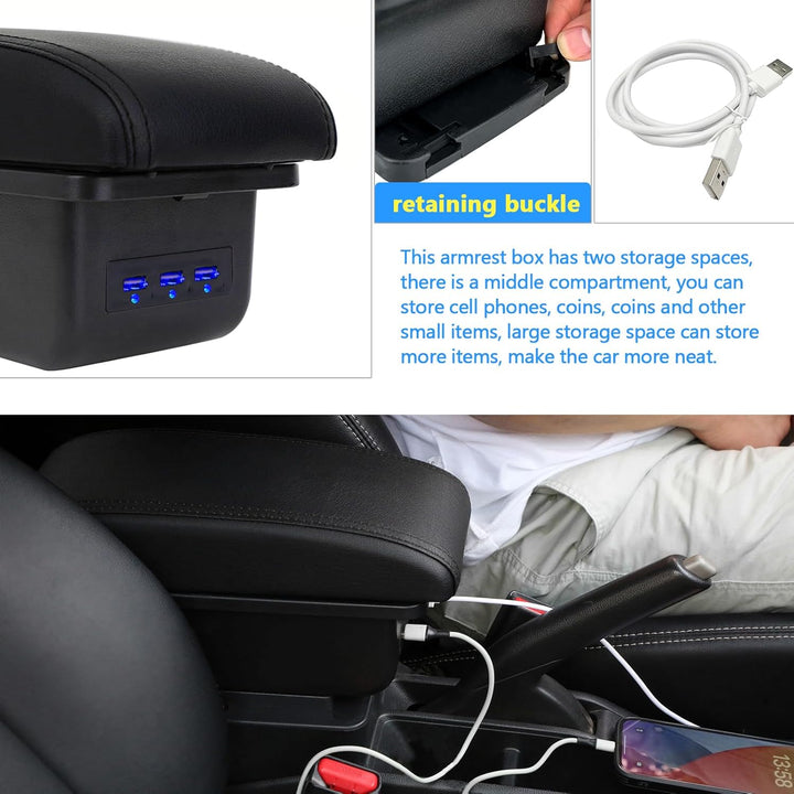 Auto Armlehnen für Berlingo 2010-2020 Doppelschicht Mittelkonsole Grosse Aufbewahrungsbox mit 3 USB-