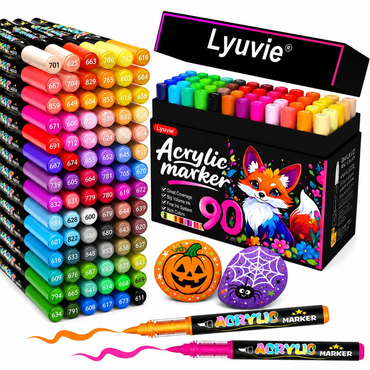 Lyuvie 90 Farben Acrylstifte für Steine WasserfestSet, Permanente Acrylic Paint Brush Marker Acrylst