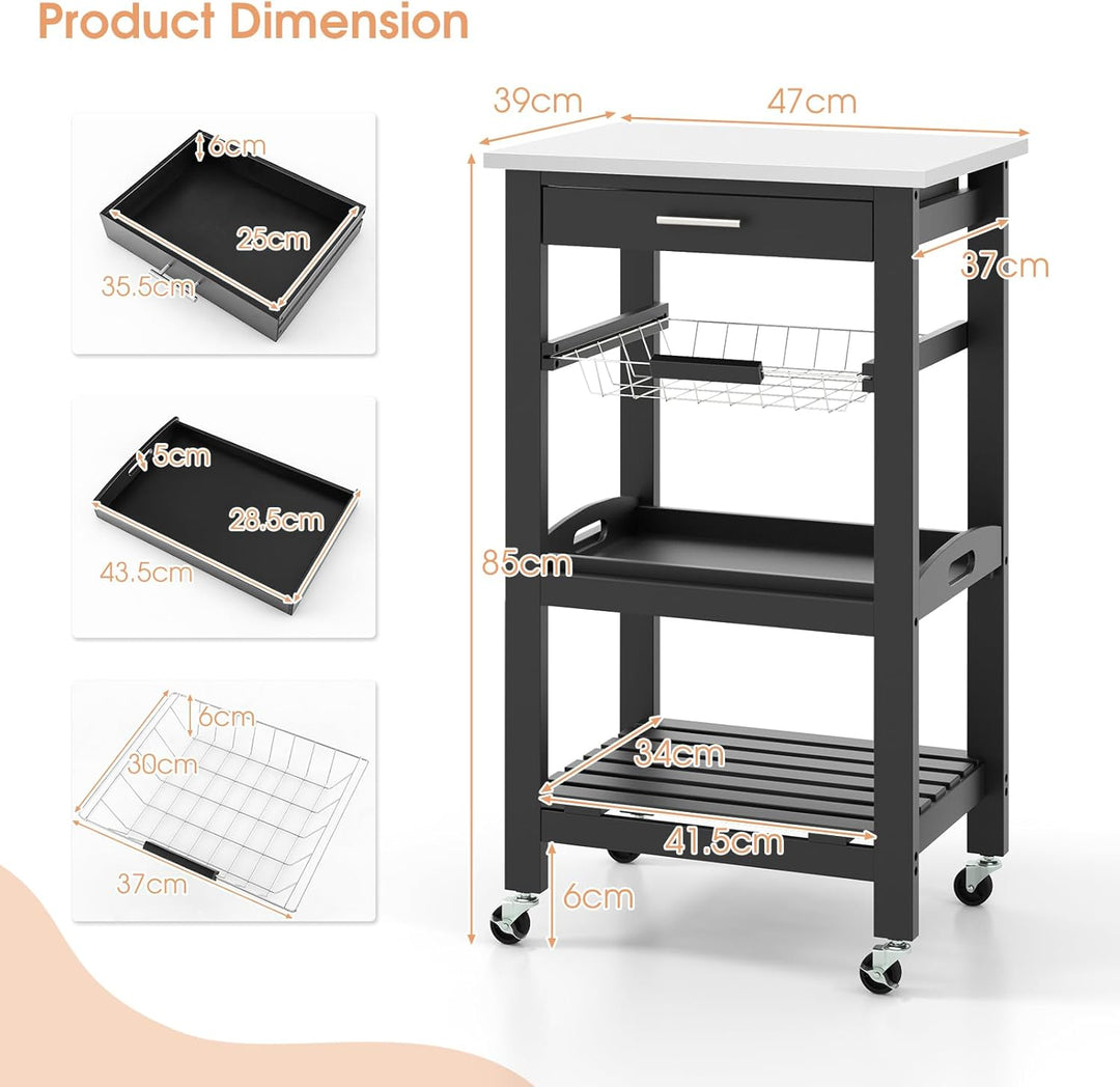 GIANTEX Küchenwagen mit Rollen, Küchenregal mit Arbeitsplatte, Servierwagen mit Schublade & Korb & T