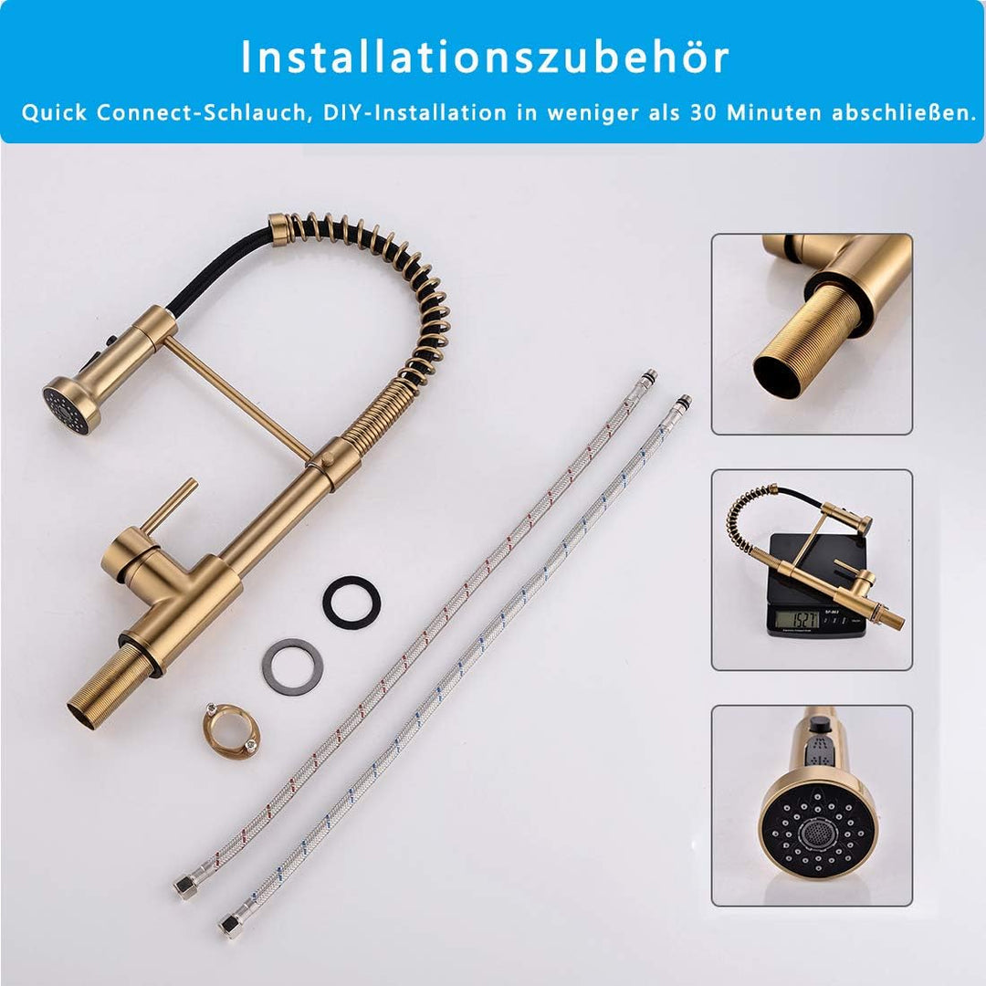 TIMACO Küchenarmatur Gebürstetes Gold mit 360° Drehbar, mit Pull-Down-Sprühgerät Armatur Mischbatter