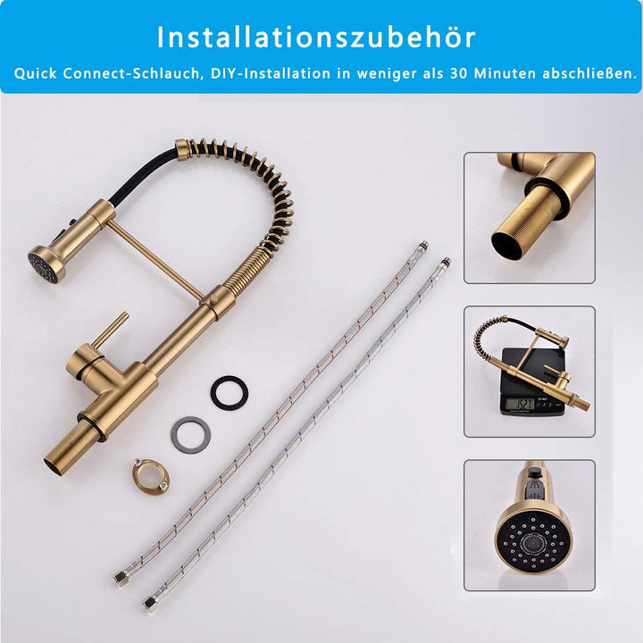TIMACO Küchenarmatur Gebürstetes Gold mit 360° Drehbar, mit Pull-Down-Sprühgerät Armatur Mischbatter