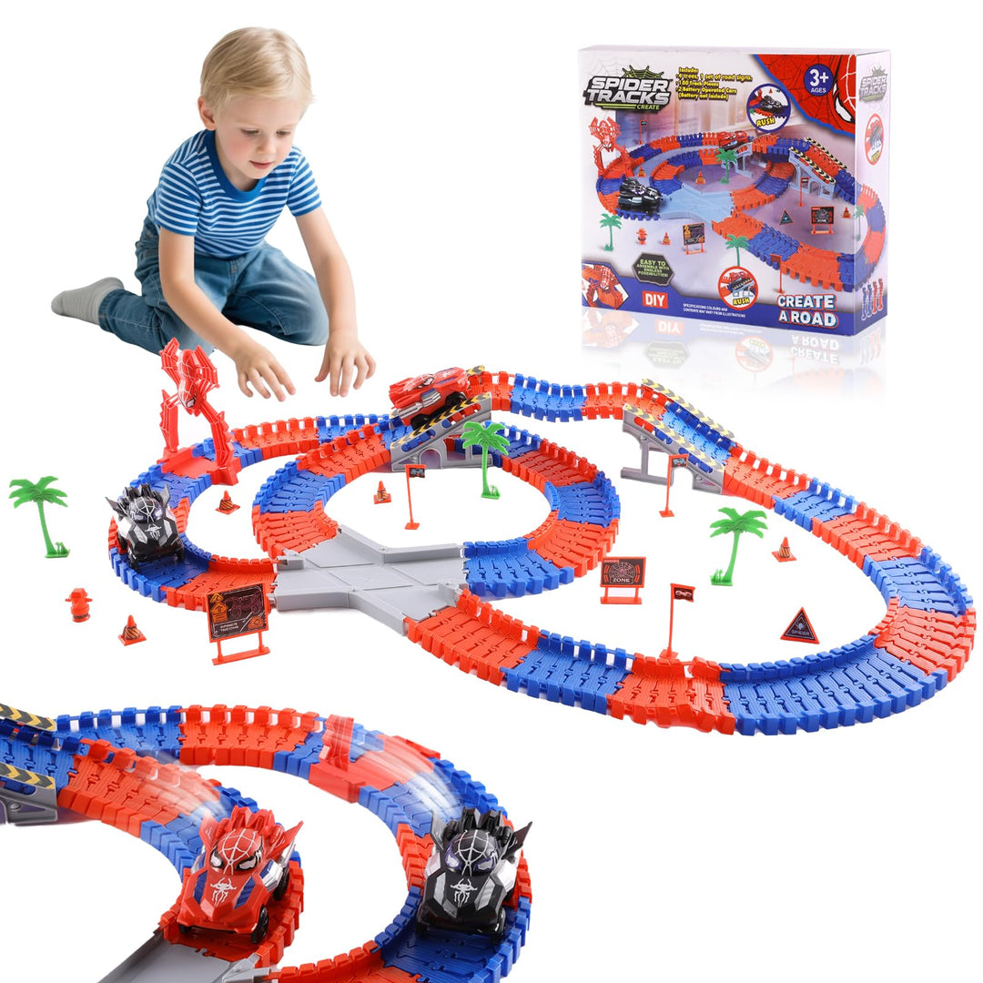 DIY Spinnen-Rennbahn Spielzeug 212 Teile – Mit 2 Spinnen-Autos & Flexibler Rennstrecke für Jungen &