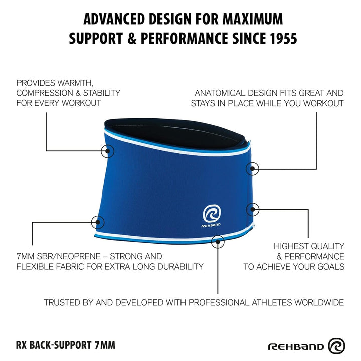 Rehband Rx Original Rückenbandage, 1 Stück, Rückenstütze 7mm Neopren, Fitness Rückengurt Blau M, Bla