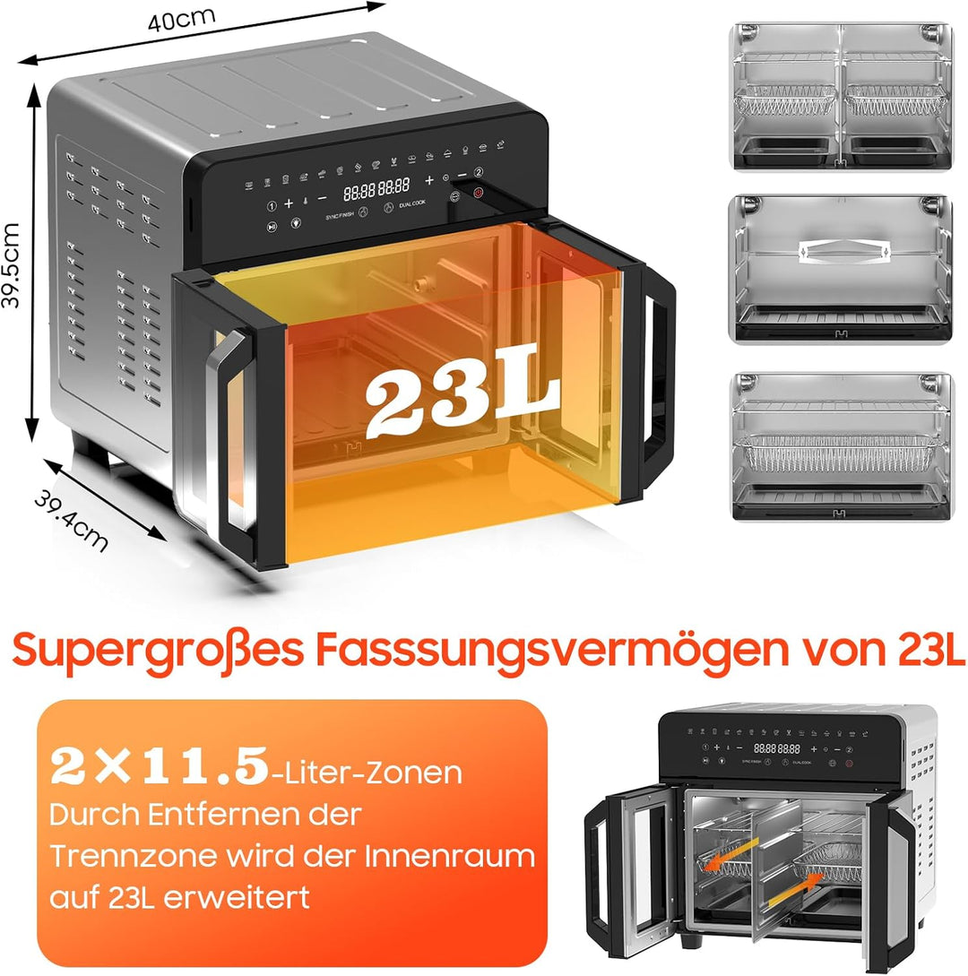 Heissluftfritteuse Dual Zone 23L - XXL Airfryer mit herausnehmbarem Trenner, Heissluftfritteuse mit