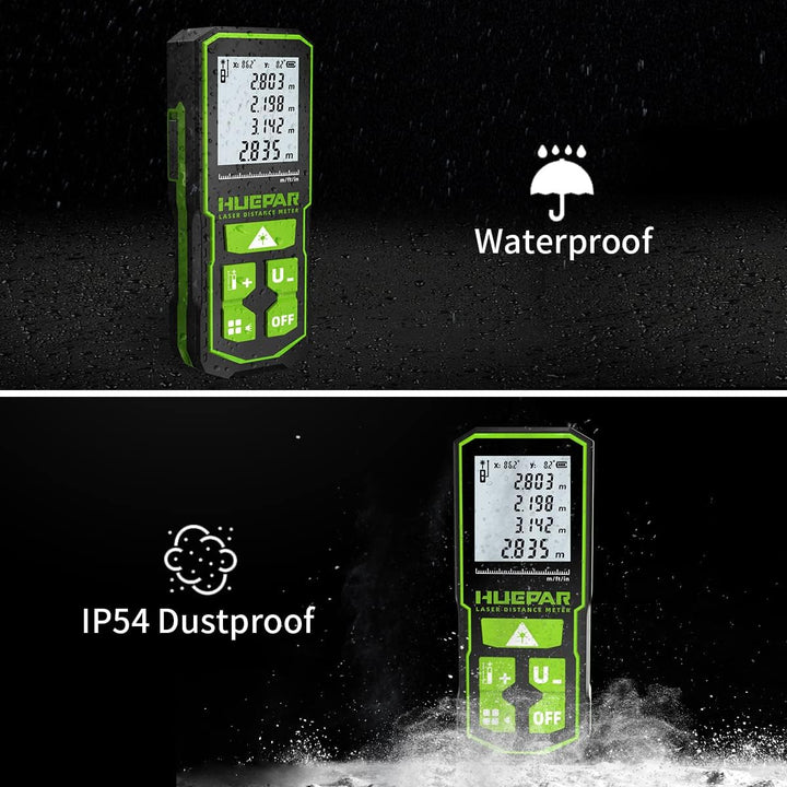 Huepar Laserdistometer 393Ft(120M) mit wiederaufladbaren Akku und Doppelwinkel–Display, Lasermessung