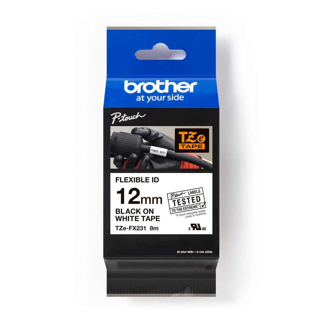 Brother TZe-FX231 Schriftbandkassette 12mm Schwarz/Weiss 12 mm x 8 m Flexible ID, Schwarz/Weiss 12 m