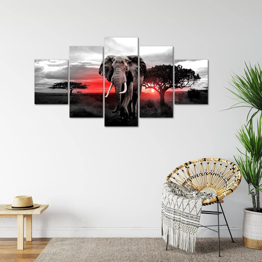 Runa Art Bild Wohnzimmer Schlafzimmer Afrika Elefant 5 Teilig Savanne Grau Rosa Wandbilder auf Vlies
