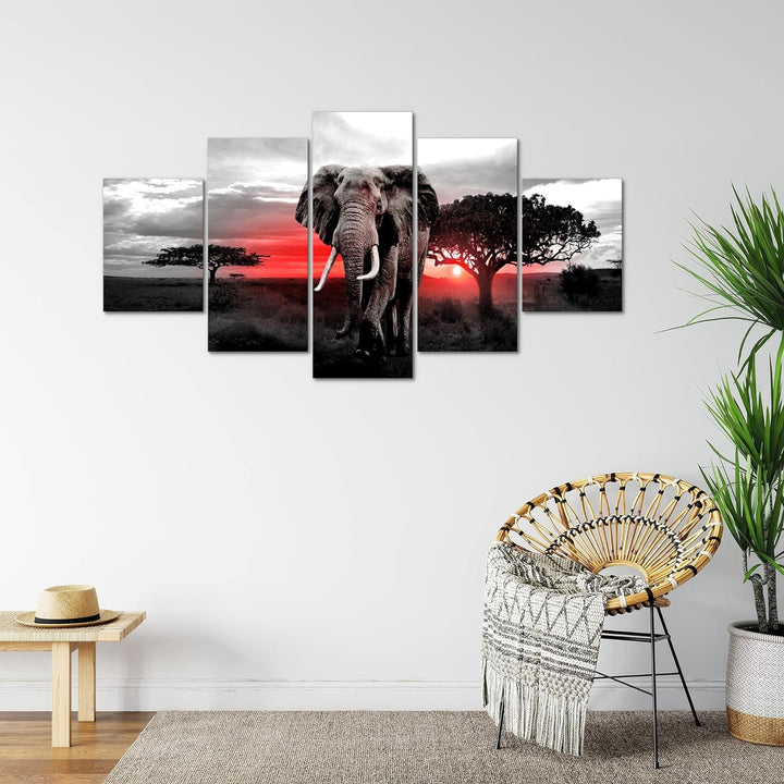 Runa Art Bild Wohnzimmer Schlafzimmer Afrika Elefant 5 Teilig Savanne Grau Rosa Wandbilder auf Vlies