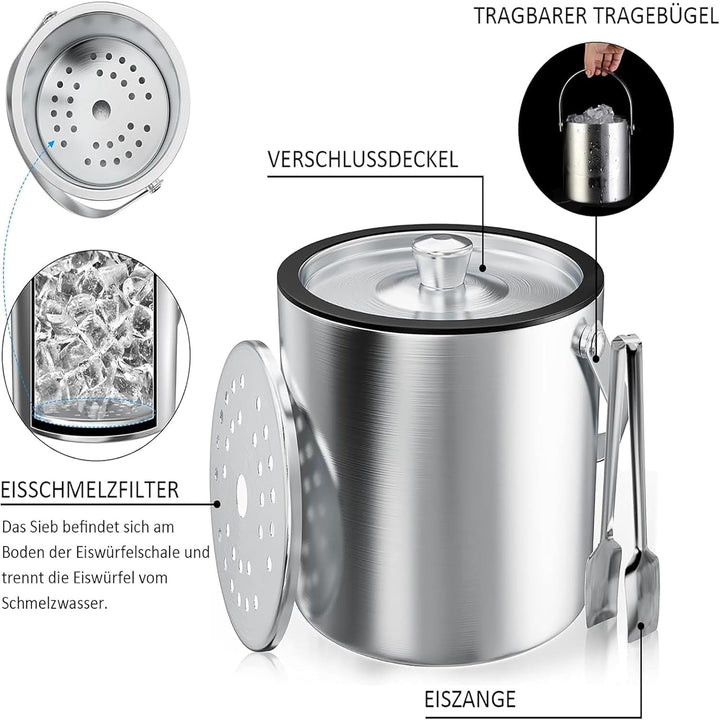 Eiswürfelbehälter, 3L Eisbehälter rund mit Sieb und Eiszange, Eiswürfelbehälte, Sektkühler Flaschenk