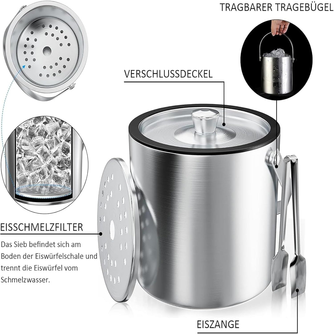 Eiswürfelbehälter, Eisbehälter rund mit Sieb und Eiszange, 2L Eiswürfelbehälte, Edelstahl Eisbehälte