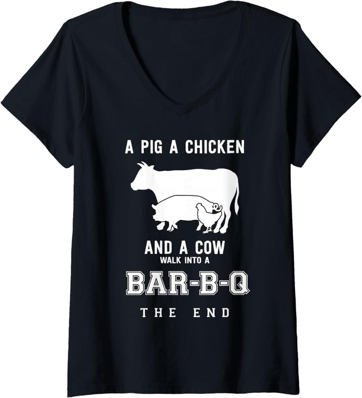 Damen Schwein-Huhn-Kuh-Braten BBQ Grillen Grill Barbecue Rösten T-Shirt mit V-Ausschnitt