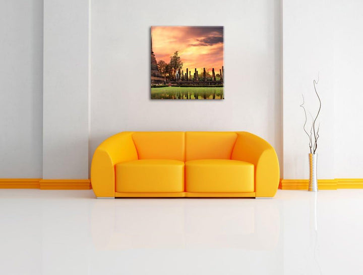 Pixxprint Buddha Tempel im Sonnenuntergang, Format: 70x70 auf Leinwand, 70x70