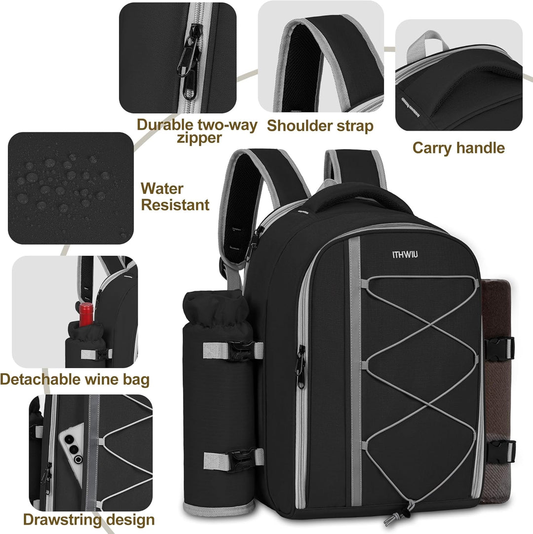 FREEAMG Picknick-Rucksack für 4 Personen, mit Kühlfach, isoliert und wasserdicht, Picknicktasche mit