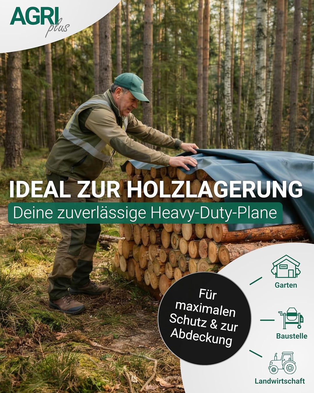 AGRI plus Holzabdeckplane Verschiedene Abmessungen I 1,5 x 10 m auf Rolle I Stabile 900 g/m² PVC Gew
