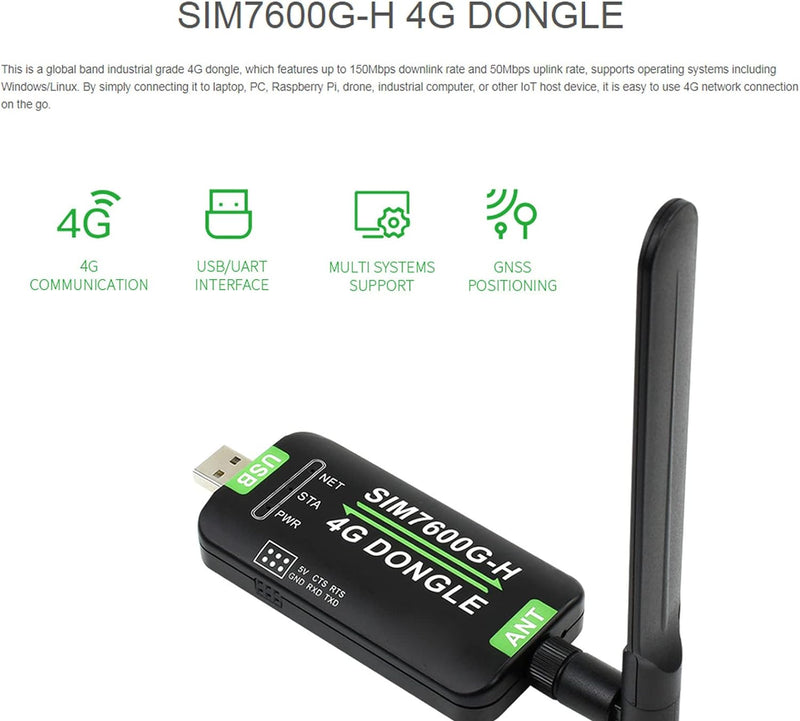 SIM7600G-H 4G-DONGLE mit Antenne, Unterstützt 2G/3G/4G-Netzwerk, USB/UART-Kommunikation, 150 Mbit/s