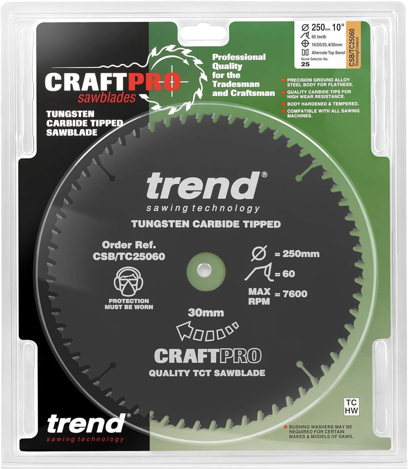 Trend Craft Pro Sägeblatt – 250 mm Durchmesser 30 mm Bohrung 60 Zähne TCT