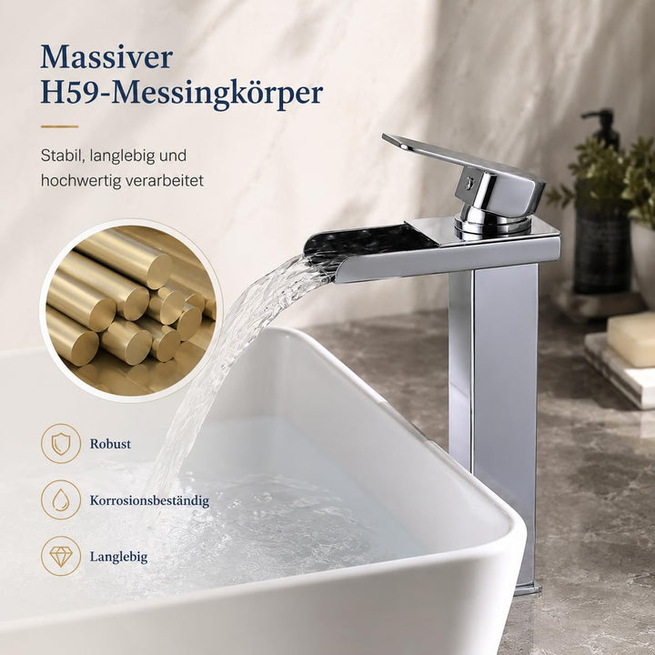 HOMELODY Wasserhahn Bad Wasserfall Waschtischarmatur, Einhandmischer Messing Armatur Badezimmer mit