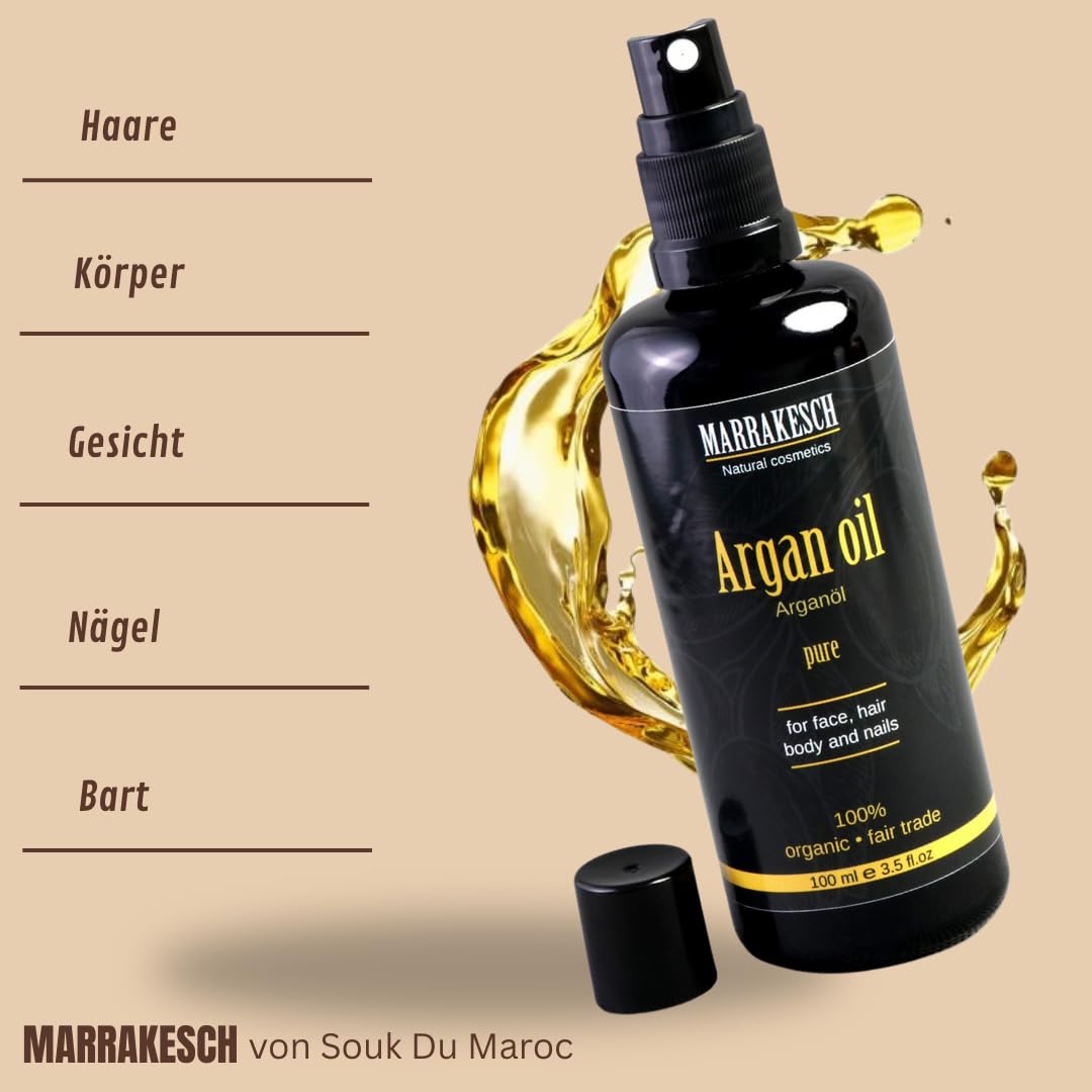 MARRAKESCH Bio Arganöl kaltgepresst 100ml mit Spritzaufsatz 100% reines BIO nativ, Vegan Gesichtsöl