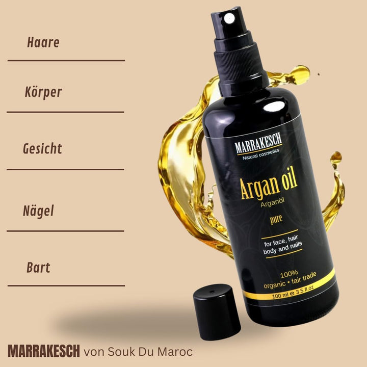 MARRAKESCH Bio Arganöl kaltgepresst 100ml mit Spritzaufsatz 100% reines BIO nativ, Vegan Gesichtsöl