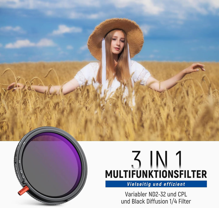 NEEWER 72mm 3 in 1 Variable ND Filter + CPL + Black Diffusion 1/4 für einen filmischen Nebeleffekt,