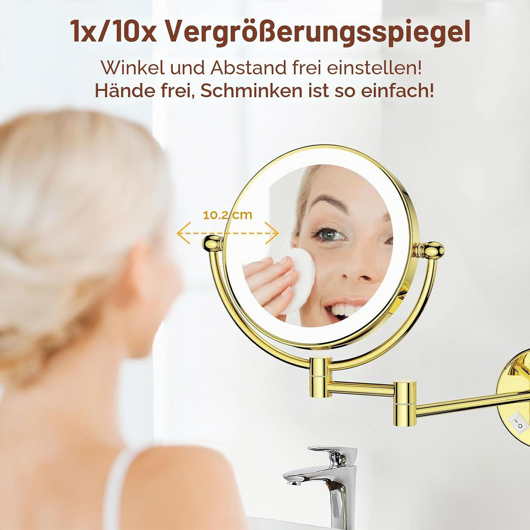 Nicesail Wand Kosmetikspiegel mit Beleuchtung 10x - 360° Ausziehbare Drehung - Dünner Rahmen - mit S