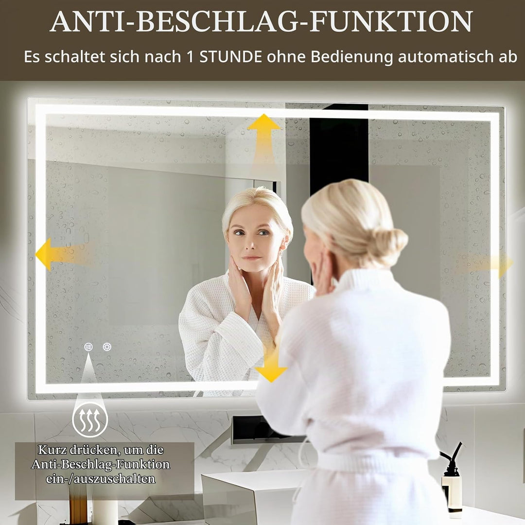 Clevich Badspiegel mit Beleuchtung 100×60 cm, LED Spiegel mit 3 Lichtfarben und dimmbar, Touch-Schal