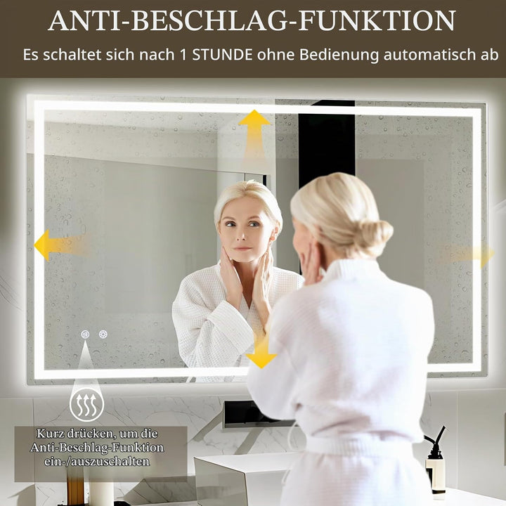 Clevich Badspiegel mit Beleuchtung 100×60 cm, LED Spiegel mit 3 Lichtfarben und dimmbar, Touch-Schal