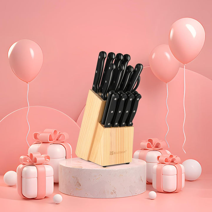 KATISUN Messerset, Messerblockset 19 Stück, Edelstahl Kochmesser Set mit Holzblock，Profi Küchenmesse