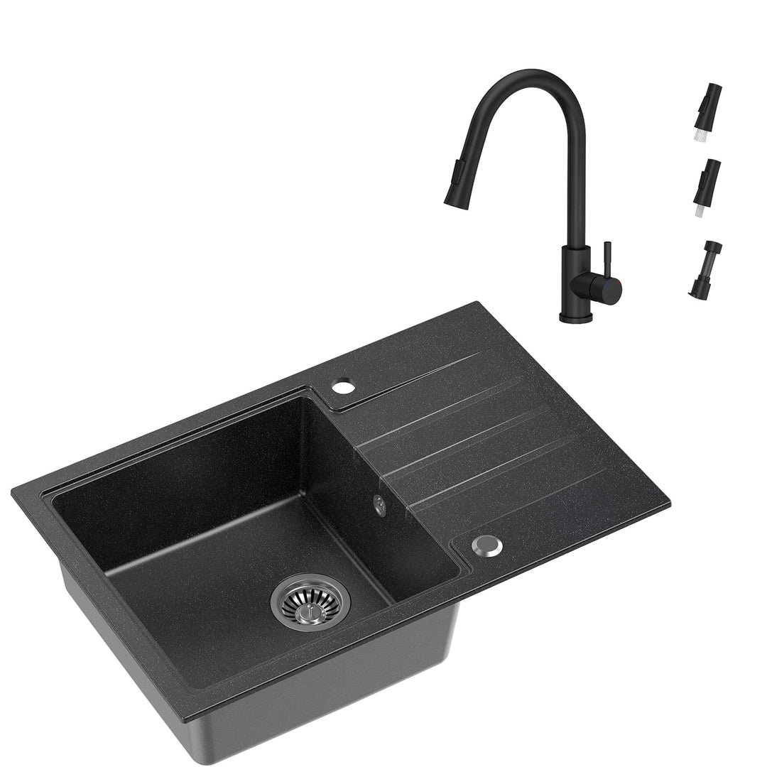 VBChome Spüle mit Armatur 78 x 50 cm Tiefes Becken 20cm Schwarz Küche 2 Leistunsstufen Grosse Abtrop