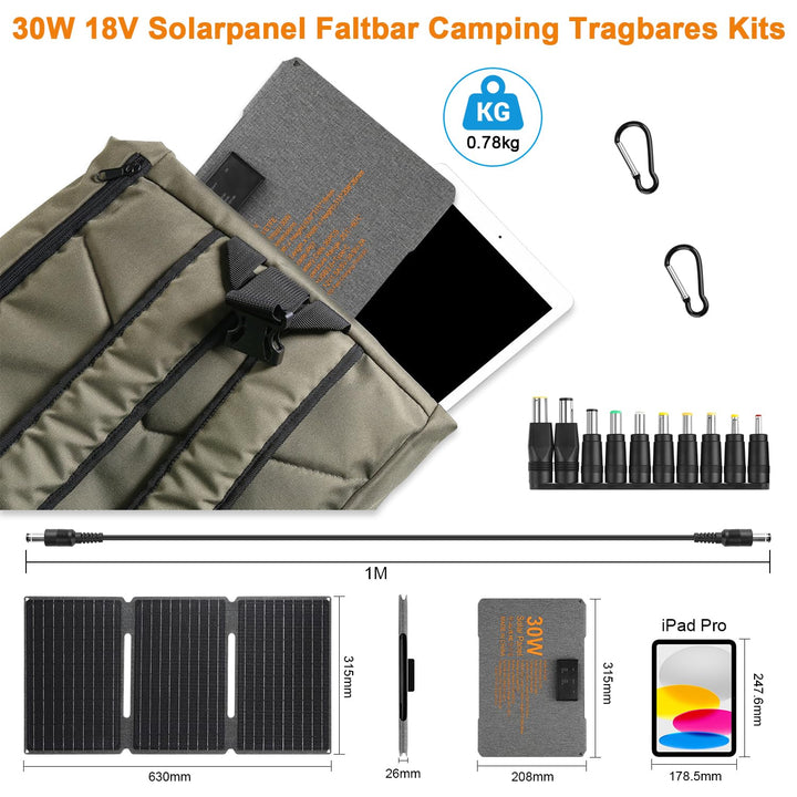 【Solar Ladegerät 30W 18V Kit】 KWODE 30W Solarpanel Faltbar Camping Tragbares, ETFE IP67 Faltbares So