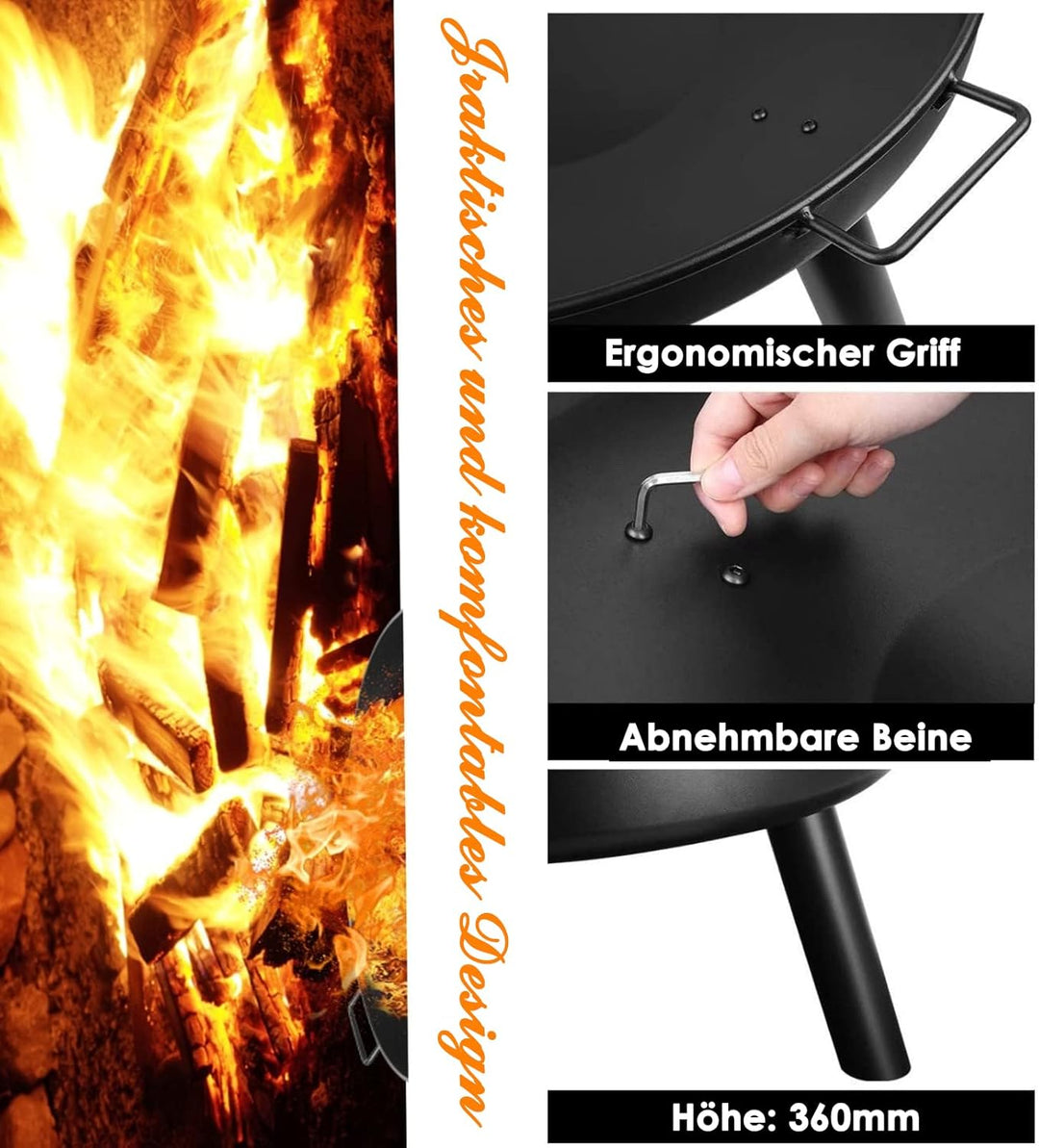 Feuerschalen für den Garten 60cm, Feuerschale mit Griffen, Multifunktionale feuerstelle mit schürhak