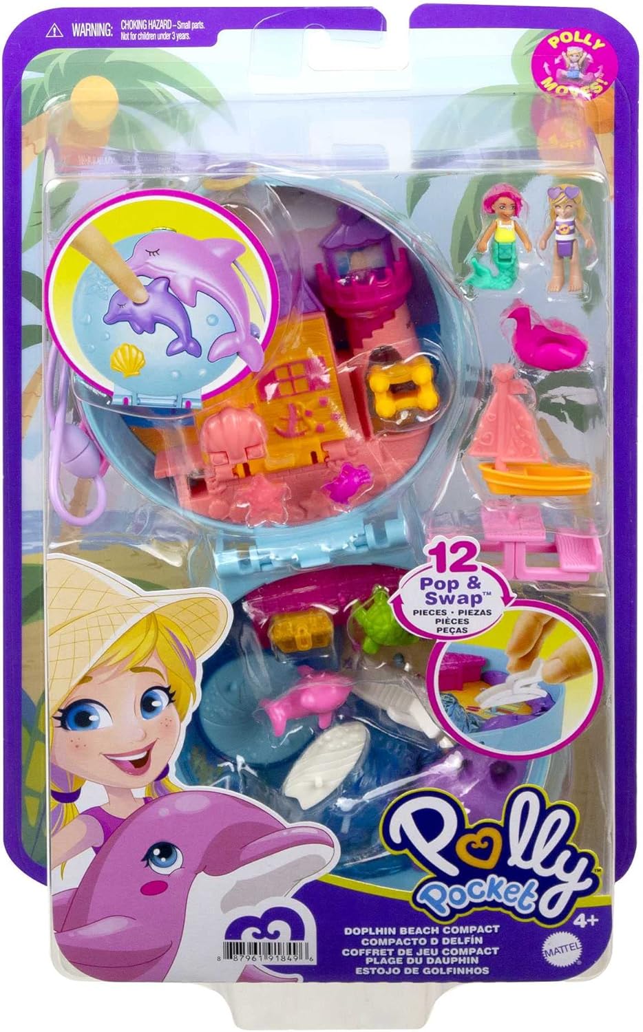 Polly Pocket GTN20 - Delfinstrand Schatulle, 2 kleine Puppen, 5 Überraschungen, 13 Zubehörteile, Pop