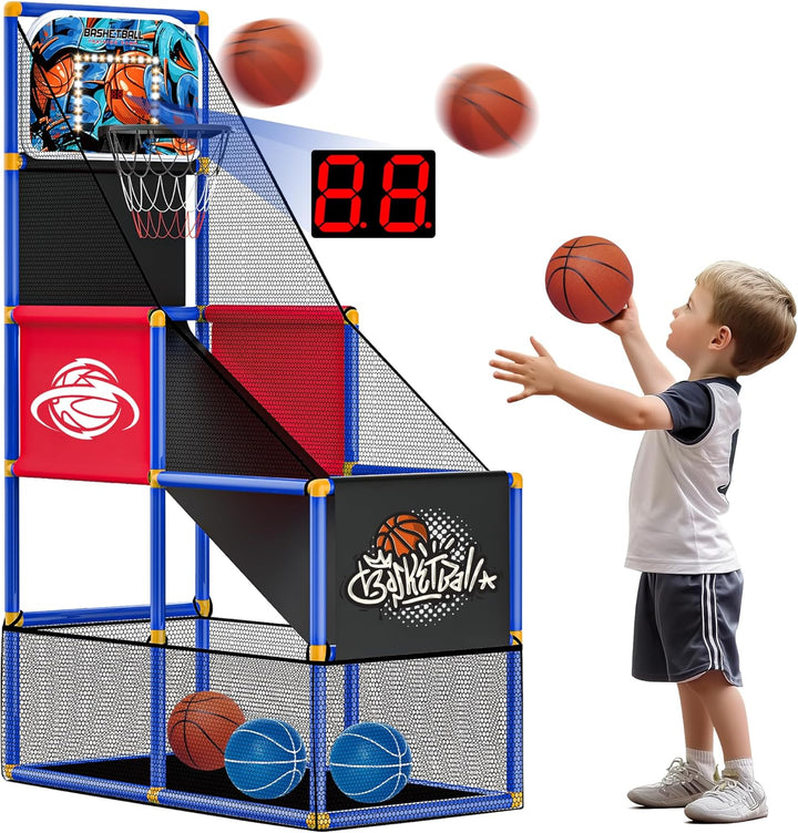 SKERITO Basketball Spielset, Basketballspiel-Set mit 4 Bällen und Reifen für Kinder von 3 4 5 6 7 8