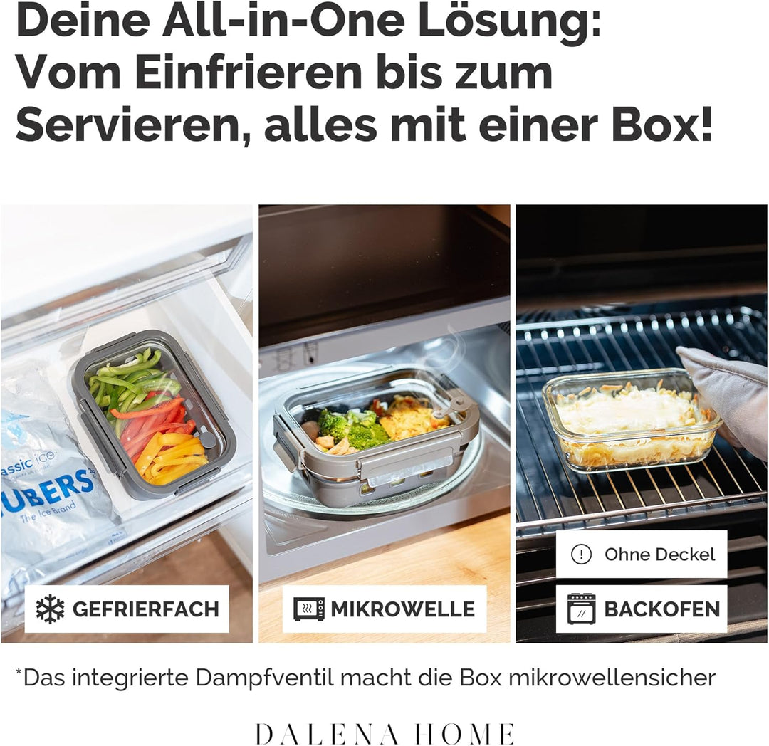 Meal Prep Boxen Set 3x640ml – Borosilikatglas, auslaufsicher, stapelbar, mikrowellengeeignet, mit Si
