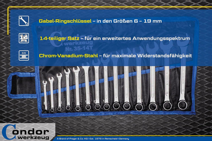 CONDOR Werkzeug 35-14T | Gabel-Ringschlüssel-Satz | 14-tlg. | Chrom-Vanadium-Stahl verchromt | 6-19