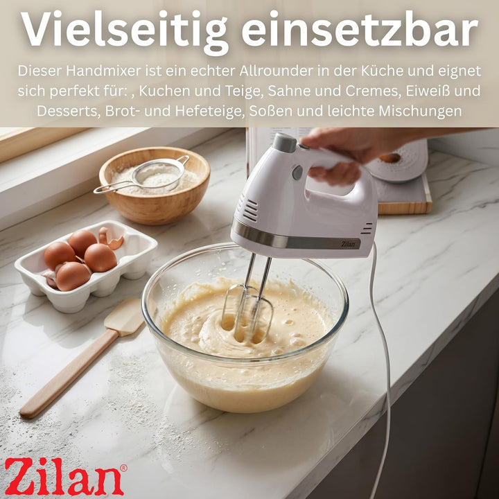 Zilan Handmixer 500W mit Ständer – Elektrischer Handrührer mit 5 Geschwindigkeiten + Turbo, Leise Kü