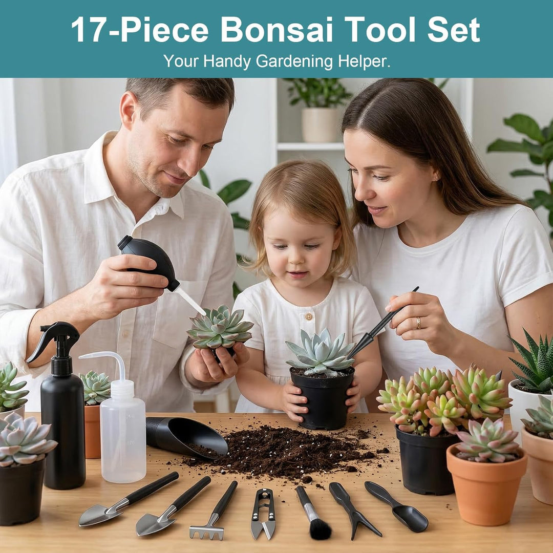 Bonsai Werkzeug Set 17 Stück mit wasserdichte Umtopfmatte & Aufbewahrungstasche, Mini Gartengeräte G