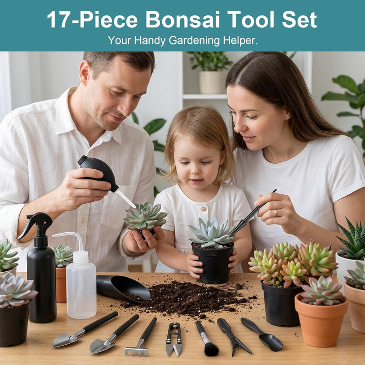 Bonsai Werkzeug Set 17 Stück mit wasserdichte Umtopfmatte & Aufbewahrungstasche, Mini Gartengeräte G