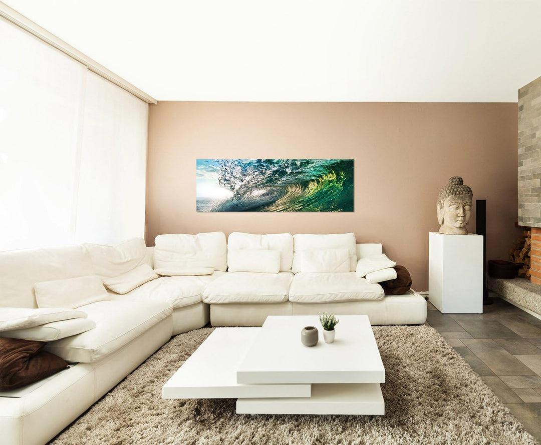 Paul Sinus Art Panoramabild auf Leinwand und Keilrahmen 150x50cm Ozean Welle Sonnenuntergang
