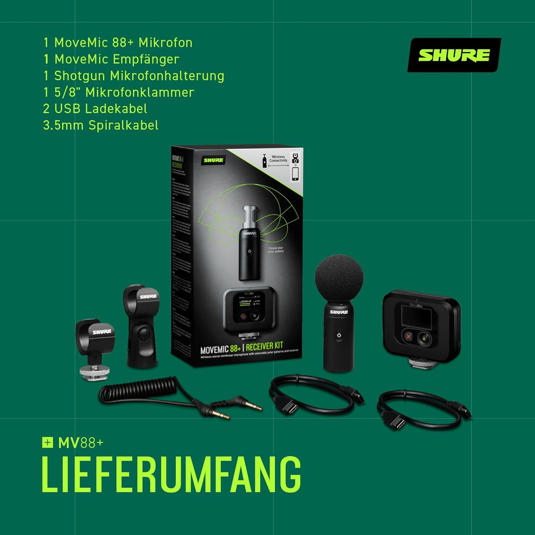 Shure MoveMic 88+ Drahtloses Mikrofonset - Professioneller Audio-Recorder für Film-/Feld-Aufnahmen u