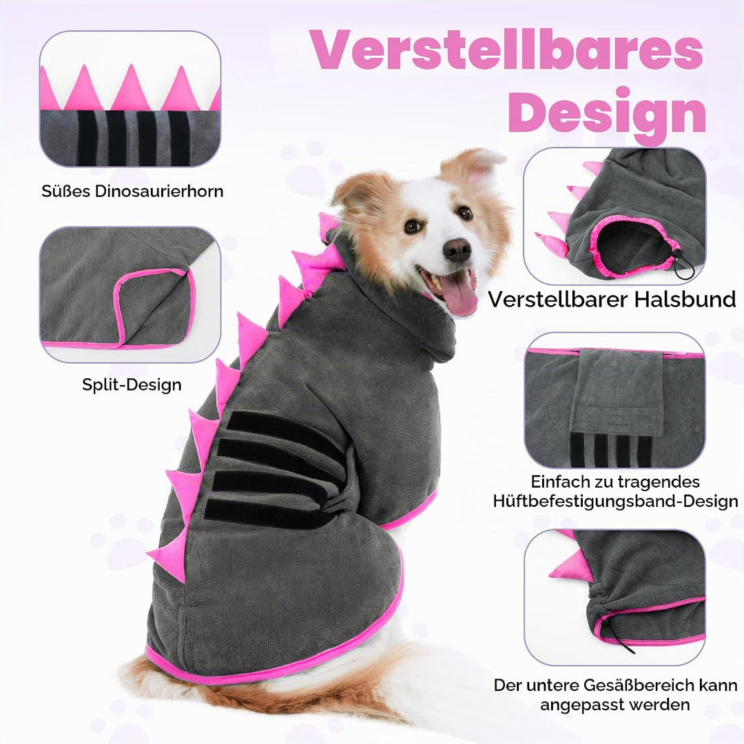 HezzLuv Hundebademantel mit Dinosaurierhorn, Schnelltrocknend Bademantel Hund aus Mikrofaser, Einste