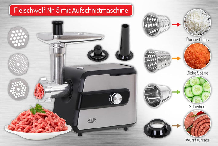 Adler AD 4813 Fleischwolf Nr. 5 mit Aufschnittmaschine, 2000 W Hackfleisch Maschine, Fleischschneide